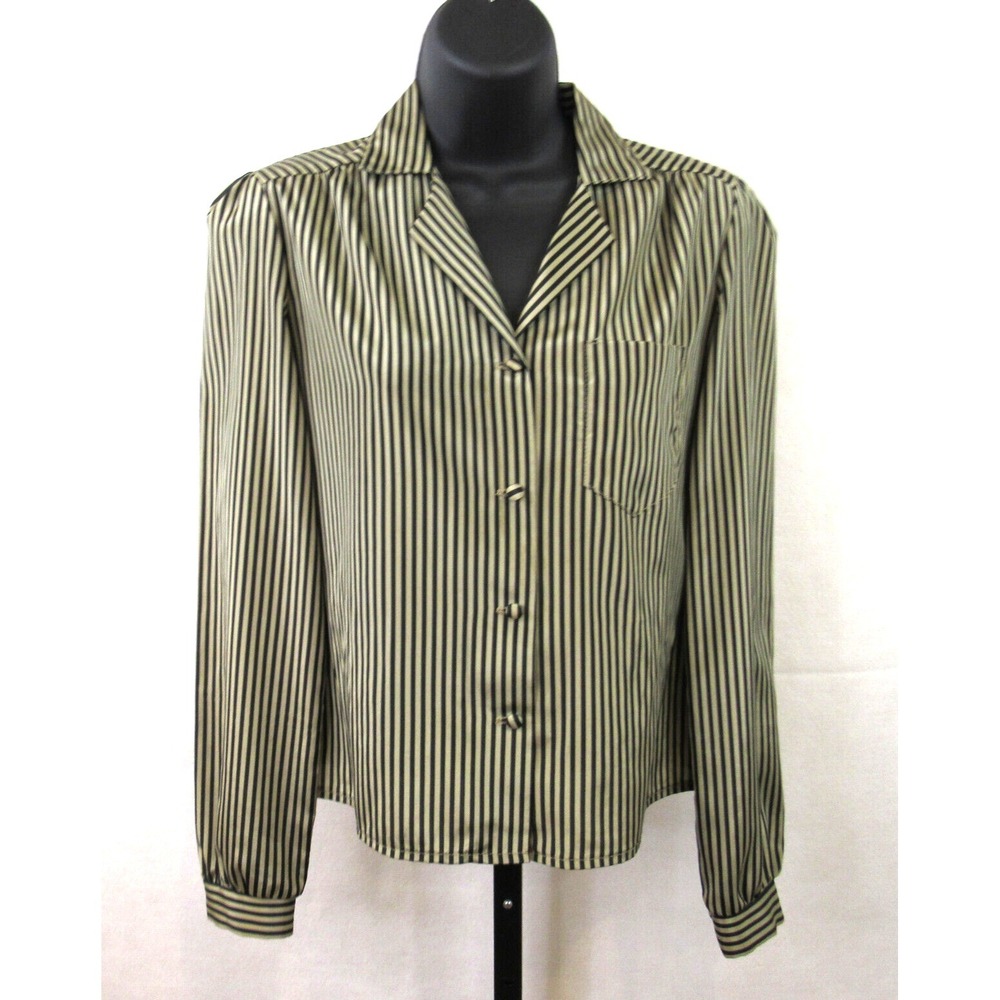 Vintage Jonathan Martin Black Taupe Stripe V Neck Button Down Blouse Women's S